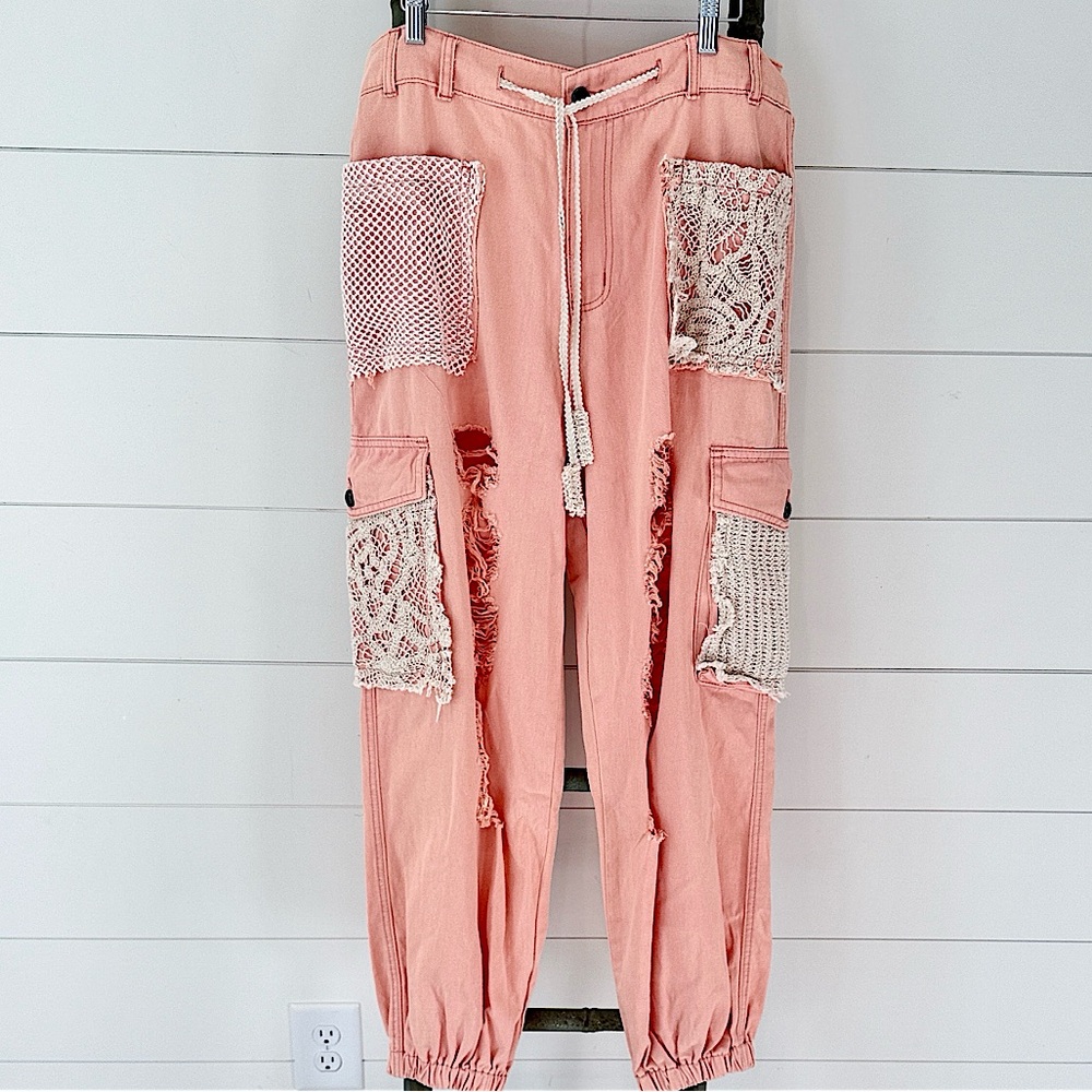 New 25 collection Best Seller : Peach Cargo Pants with crochet Accents